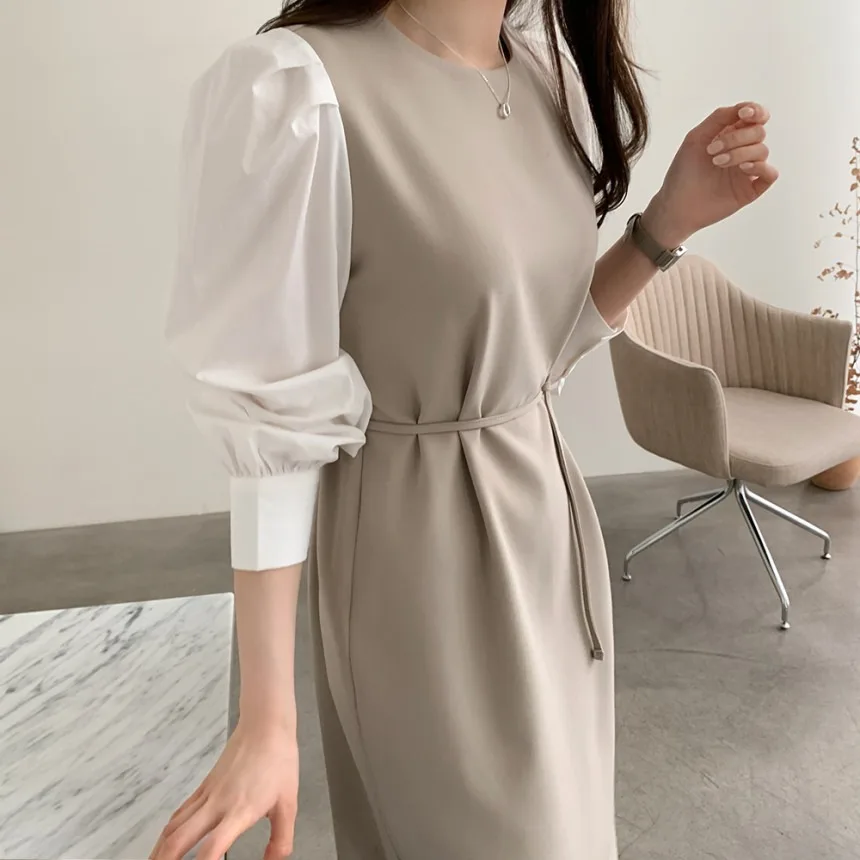 

Casual Korean Japanese Sle Long Sve Dr Women's Sle Spring Waist Cinching Casual Fake Two-Piece Long Dr