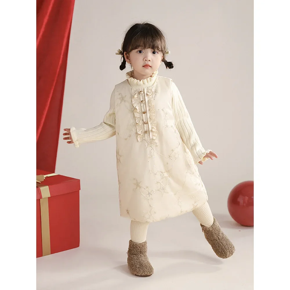 Gonne per ragazze 2024 Inverno Nuovi bambini Indossano neonate Nuovo cinese orecchio in legno Paillettes laterali con gonna calda in cotone Casual semplice