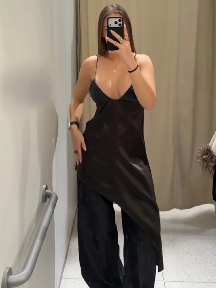 

HH Woman Summer Fashion Faux Leather Effect Splicing Sexy Sleeveless Backless Sling Tops Female Street Style Casual Short Tops