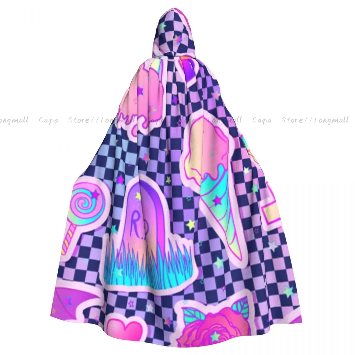 Adult Halloween Colorful Candies Sweets Rainbow Icecream Gothic Style Cloak Cape Hooded Medieval Costume Full Length Dress Coat