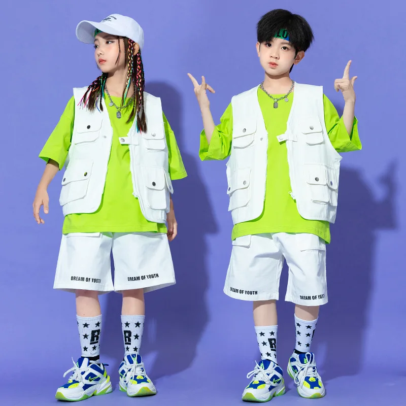 Kids Hip Hop Clothing Sets White Waistcoat + Green T-shirt + Shorts Teen Boys Street Dance Costumes Girls Jazz Performance Suits