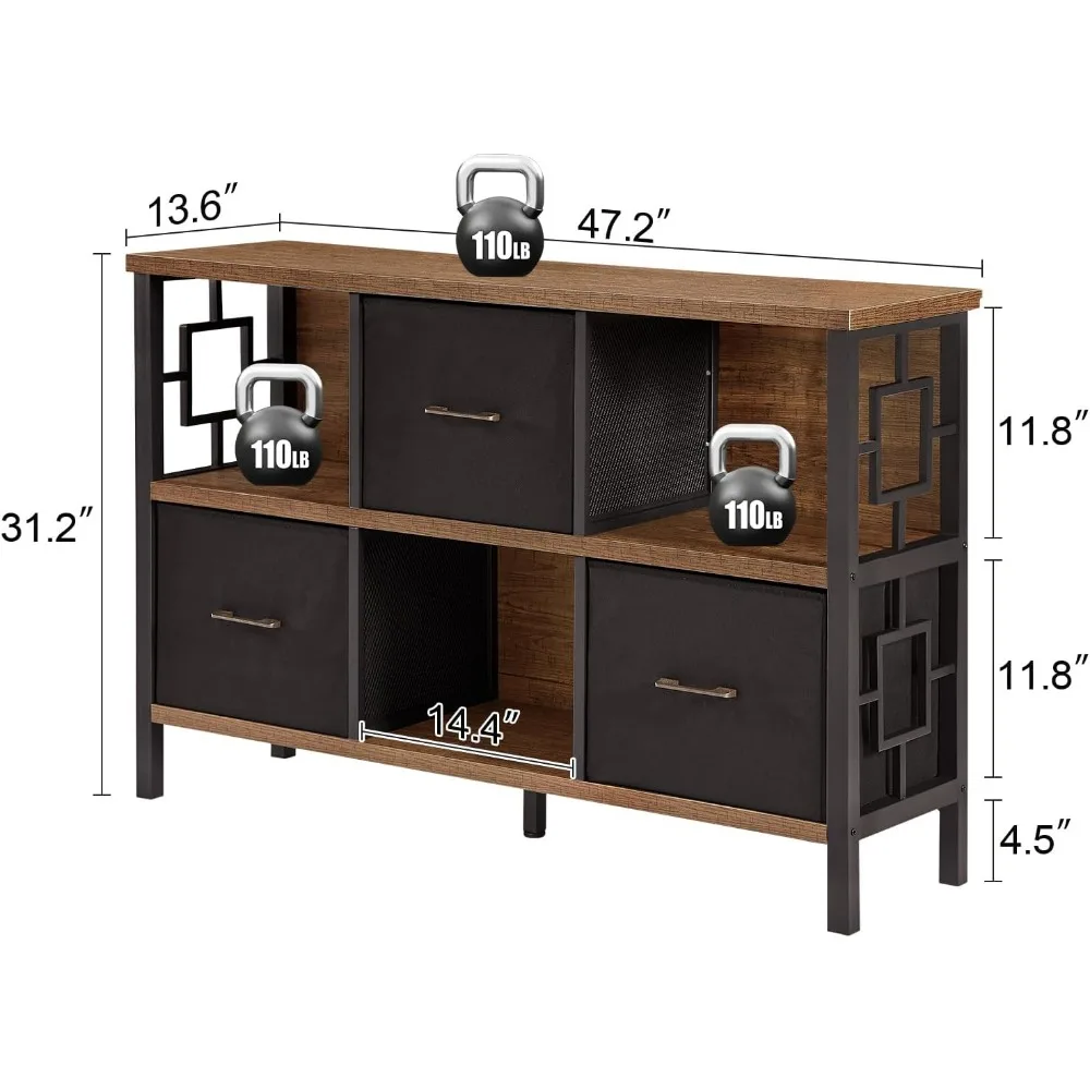 Estante curta rústica com 3 Dobrável Cubo Armazenamento Bin, Estante Horizontal Industrial, Metal Frame Estante