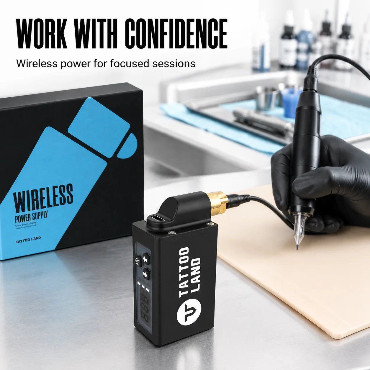 Wireless Tattoo Power Supply with Digital Display, Rechargeable USB-C Battery Pack, Adjustable Voltage RCA Connector