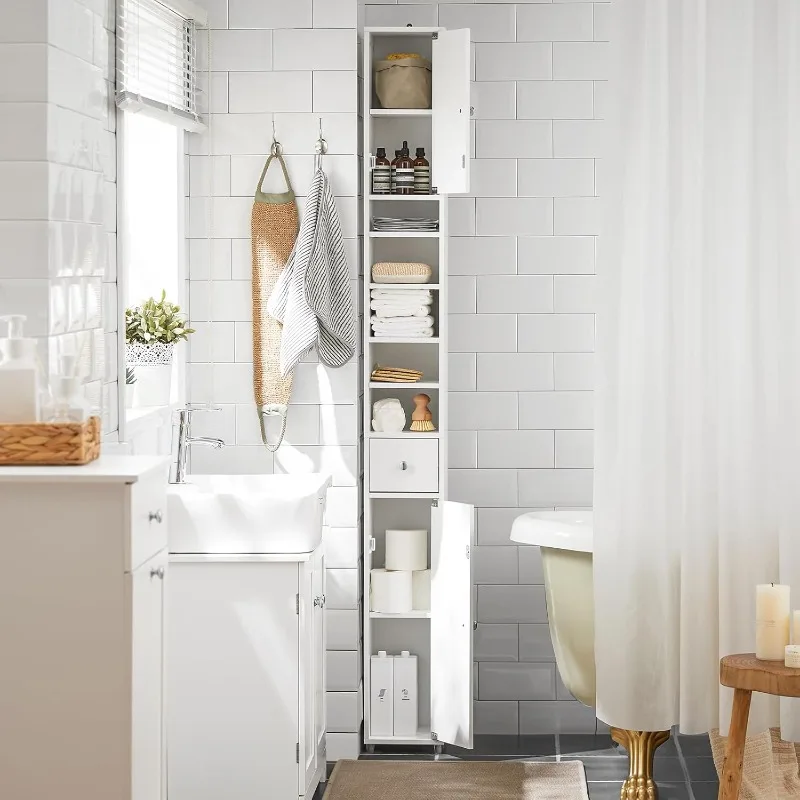 Bathroom Narrow Storage Cabinet Skinny Tall Unit with Adjustable Shelves Slender Anti-Tipping Floor Standing Cupboard,