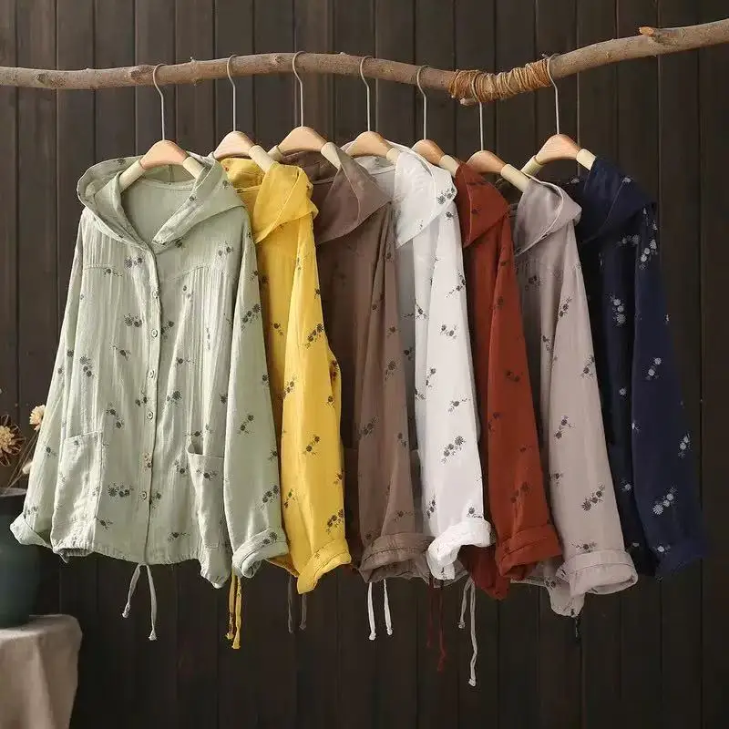 Middle Aged Women Clothes Double Layer Cotton Yarn Green Coffee Print Hooded Shirts and Blouses for Women Hoodies Jacket Outwear