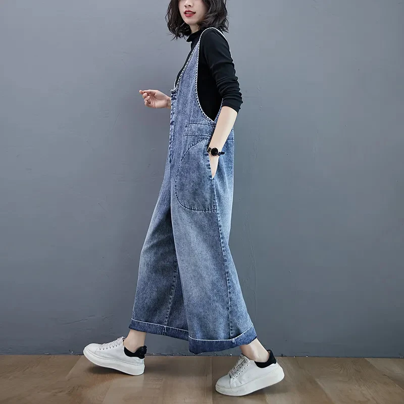 Джинсовые брюки на бретельках для женщин, уличная одежда, весна-лето 2024, свободные длинные джинсы с широкими штанинами, Модный повседневный студенческий джинсовый комбинезон