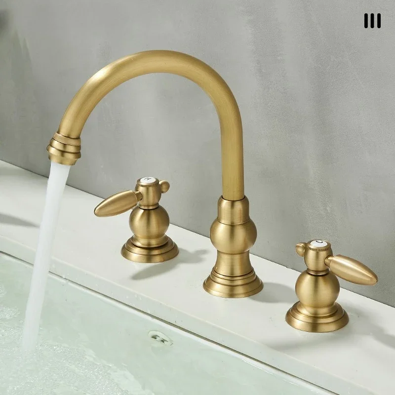 Vintage Brass Three-Hole Sink Faucet for Home Bathrooms—Separate Hot and Cold Water Faucet for Vanity Sinks