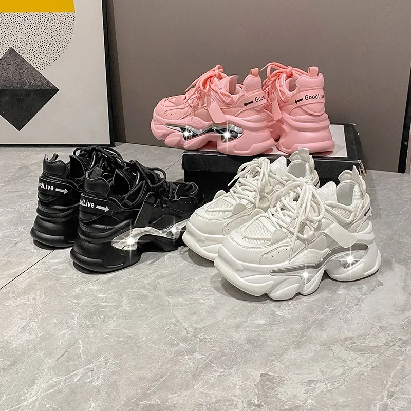 2025 Spring Fashion Chunky Sneakers for Women Breathable Mesh Casual Shoes Woman Thick Bottom Sports Platform Shoes Black Pink