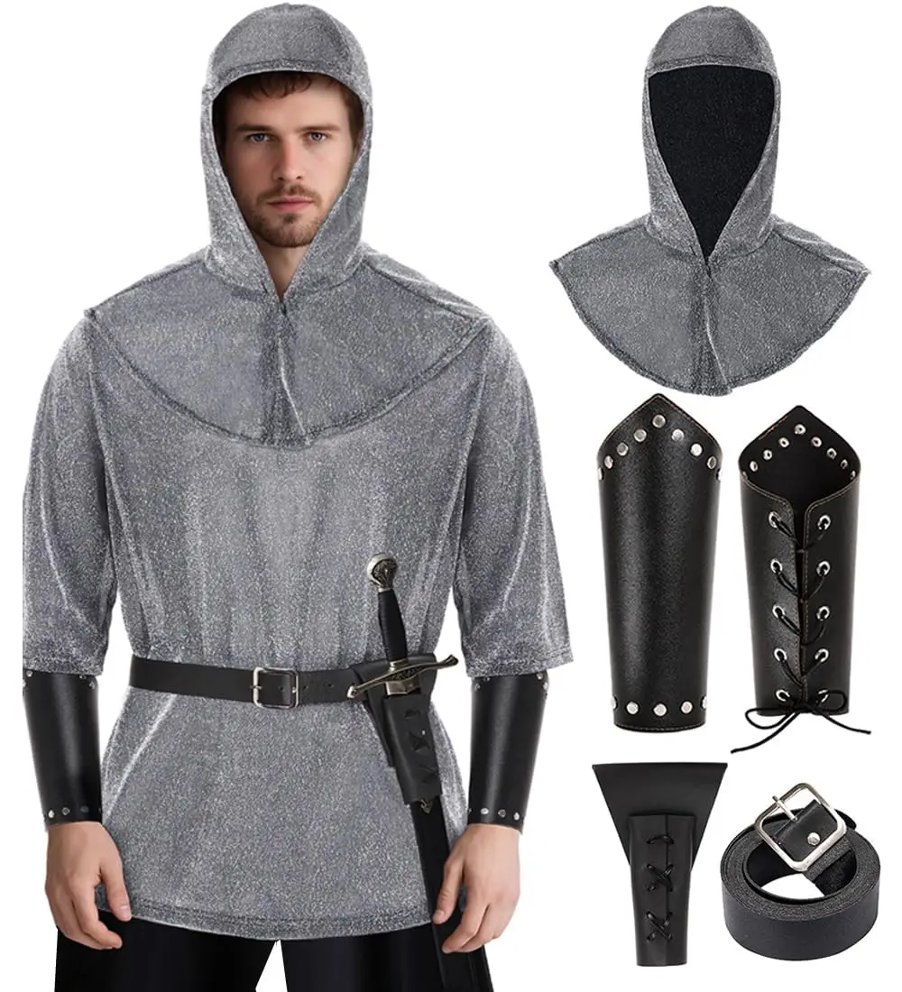 

Medieval Faux Chain Mail Armor Tunic Shirt Cowl Belt Renaissance Medieval Knight Halloween Cosplay Costume For Adult