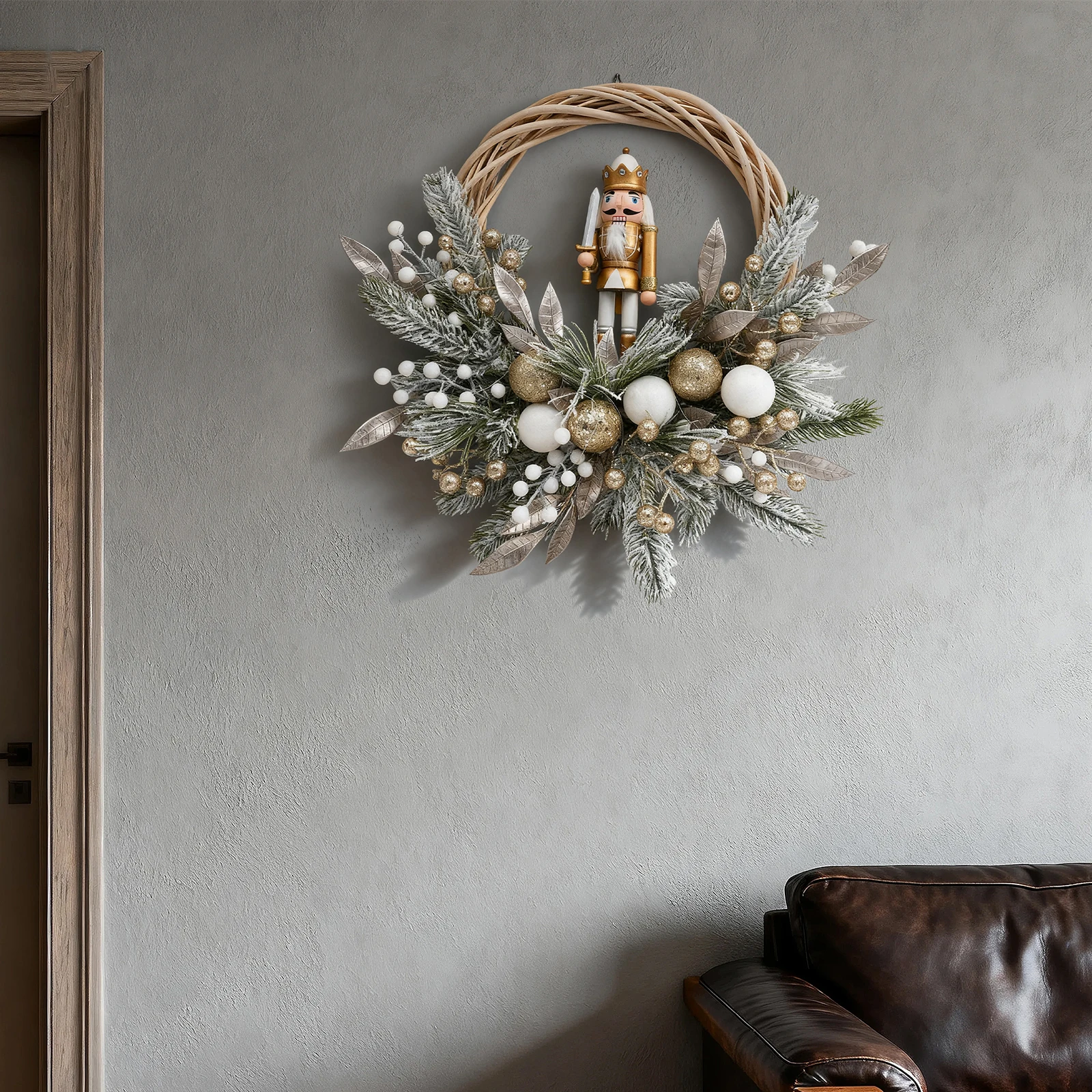 

24 Inch Christmas Wreath with Nutcracker Battery Powered Christmas Walnut and Berry Wreath for Front Door, Holiday Home Decor