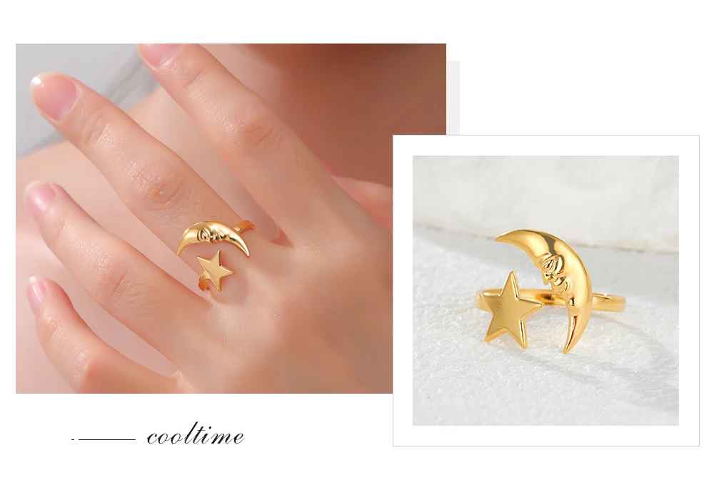COOLTIME Star Moon Ring for Women Stainless Steel Trendy Minimalist Open Waterproof Ring Jewelry Gift New