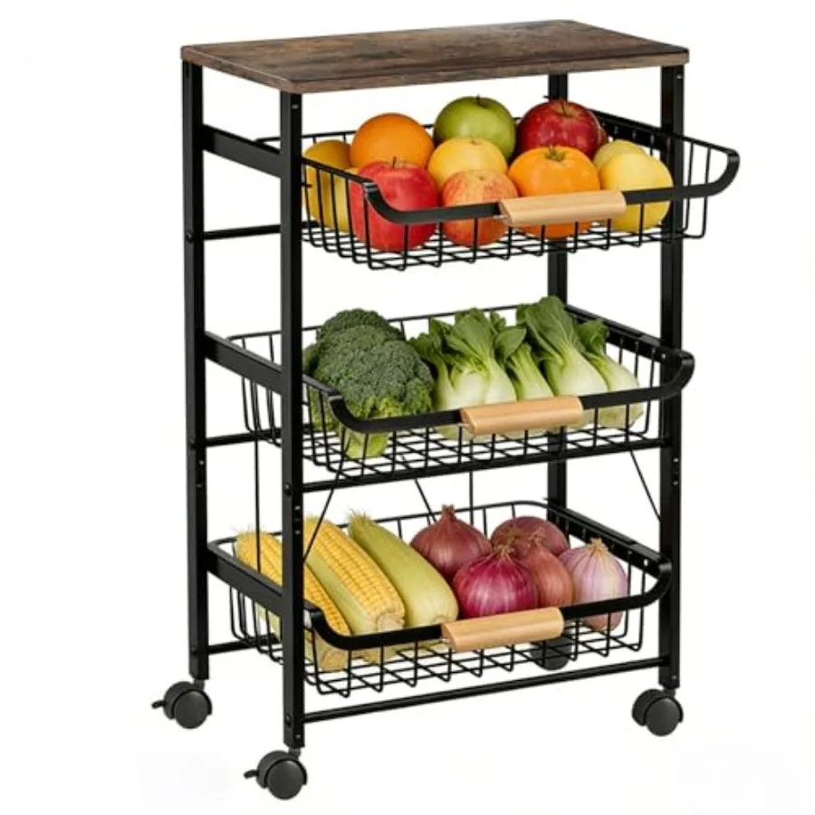 4-Tier Fruit Basket for Kitchen Counter Utility Organizer Carts on WheelsandWood Top with Storage Rolling Kitchen Cart for Pant