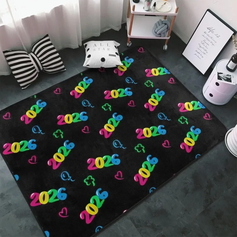 Colorful Festive Carpet 2026 Numbers Balloons Print Party Decor Rug Non-slip Absorbent Home Decor Mat for Living Room Bedroom