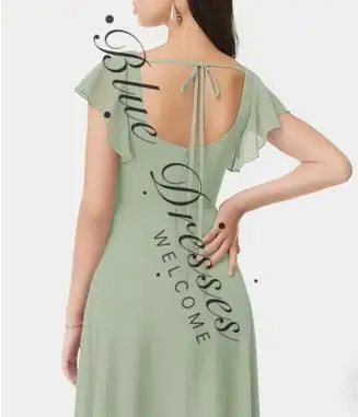 customized Long Chiffon Mint Green Bridesmaid Dresses with Slit A-Line Square Neck Maid of Honor robes de demoiselle d'honneur
