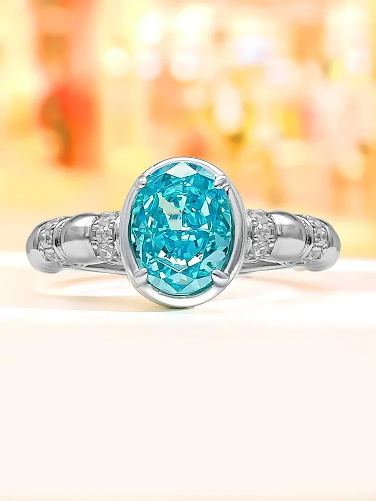 Light Luxury 925 Silver Row Diamond Sea Blue Bourgeon Broken Ice Cut Ring Dove Egg Temperament, Versatile Design