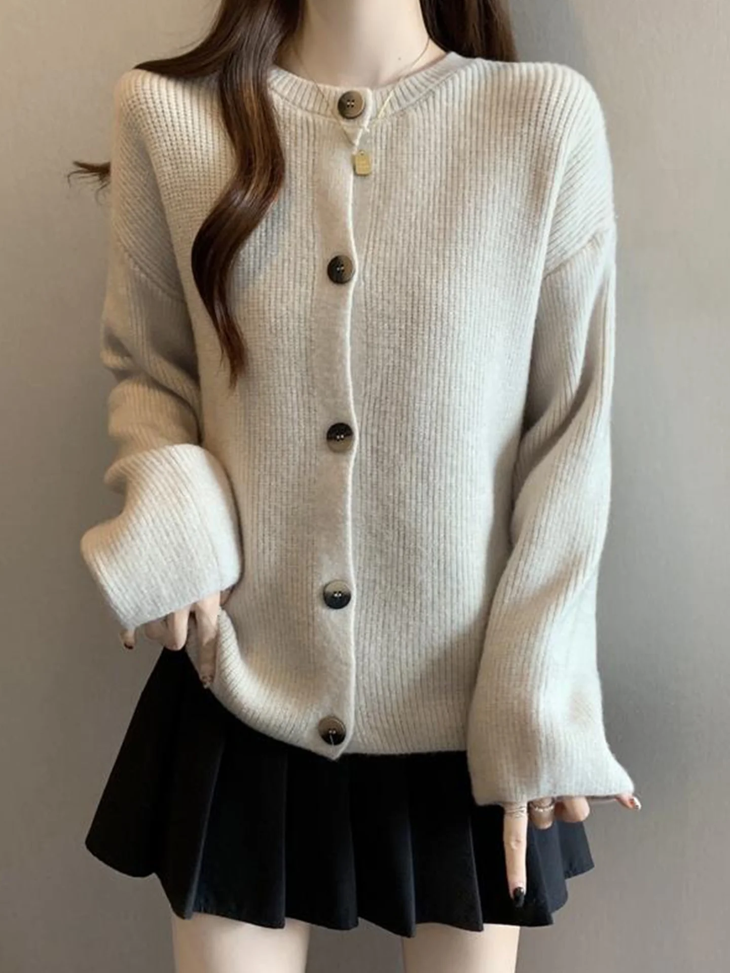 

Корейский вязаный кардиган свободного кроя с круглым вырезом для женщин, осенне-зимний, больших размеров, утепленный, стройнящий, комфортный свитер-пальто