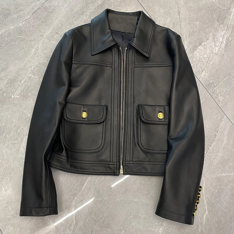 2025 Nuova giacca in vera pelle di agnello nero per donna Giacche femminili casual in vera pelle di pecora stile motociclistico con tasca autunnale