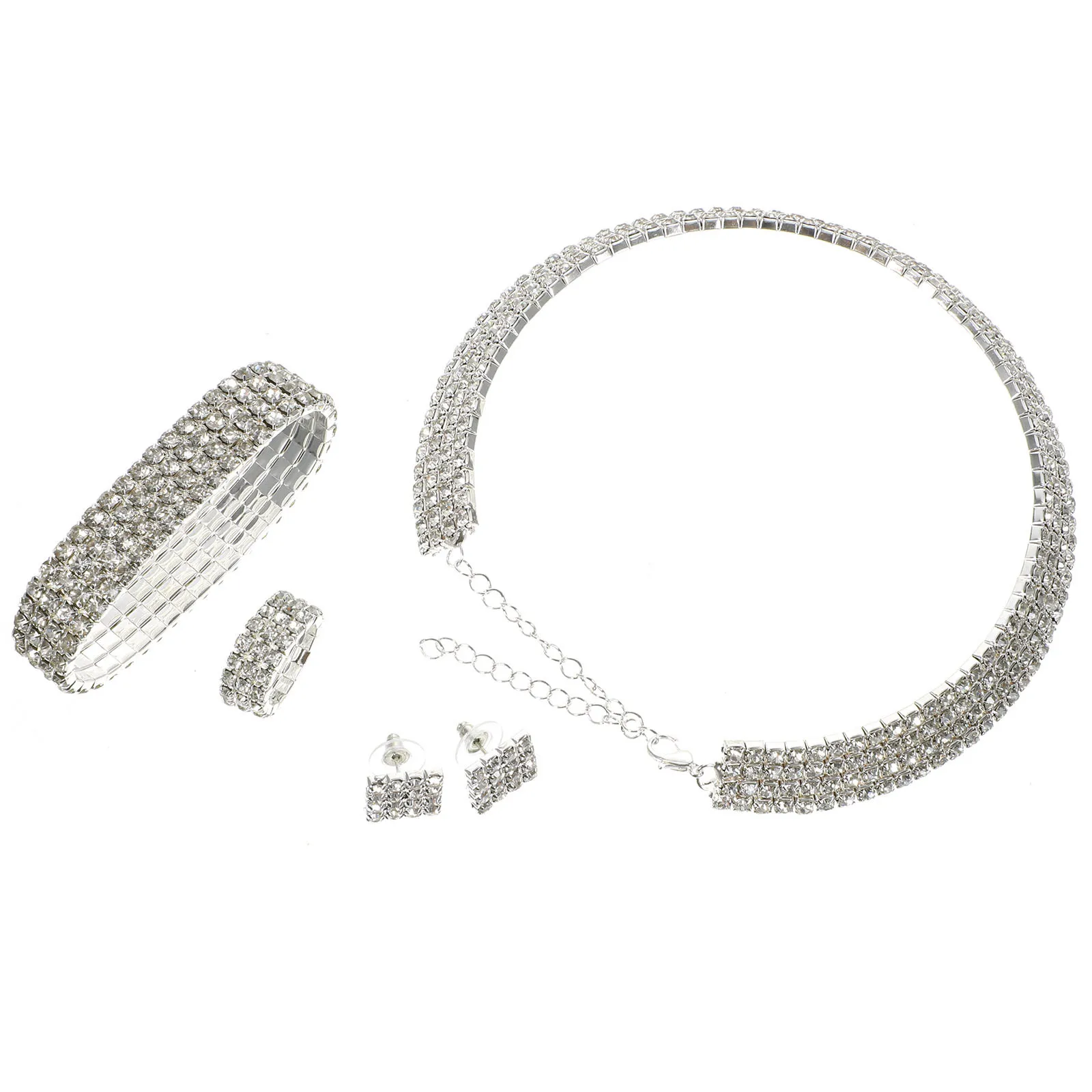 

1Set Women Rhinestone Jewelry Set Necklace Earrings Finger Ring Bracelet Bridal Wedding Jewelry Gift for Party