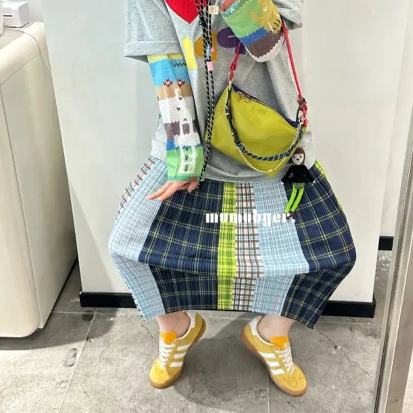 Miyake Pleated 2026 Plaid Splicing Half-body Skirt Female High Waist Thin Striped Color Collision Medium-length Versatile Skirt