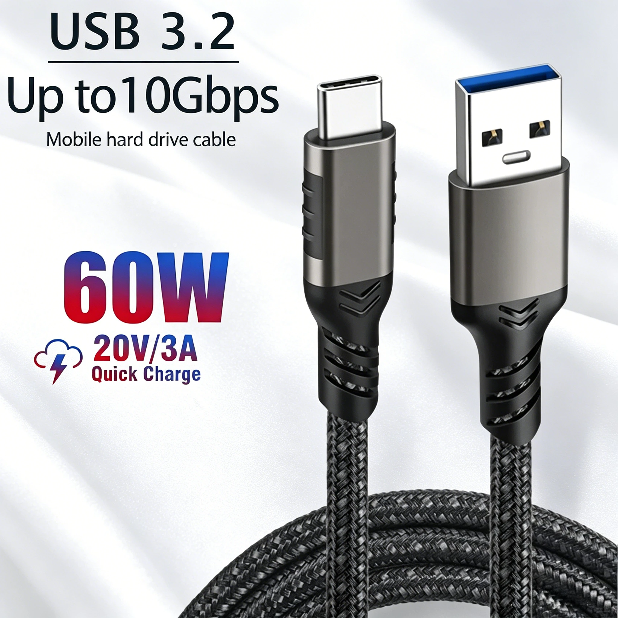 10Gbps USB Type C Cable USB A to USB C 3.2 3A 60W QC 3.0 Fast Charging Data Transfer Cord for Samsung Xiaomi Redmi Honor VIVO