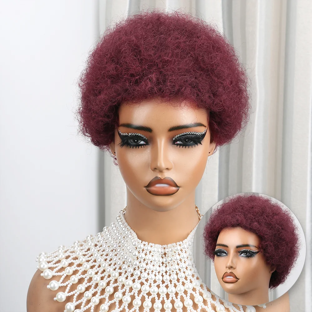 99J Burgundy Short Afro Kinky Curly Wigs for Black Women Deep Curly Pixie Cut Wig Human Hair Remy Human Hair Wear and Go Wigs