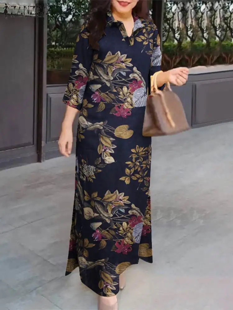 ZANZEA Donne Eleganti Autunno Vintage Risvolto Collo Manica 3/4 Vestito Estivo Stampato Floreale Camicia Abito 2024 Casual OL Lavoro Cotone Vestido