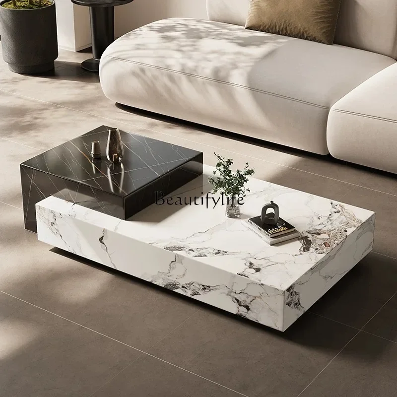 LS 27 روك بلاطة طاولة القهوة الخفيفة الفاخرة الراقية شقة كبيرة غرفة المعيشة المنزلية الحد الأدنى مستطيلة القهوة المدخنة تا #4