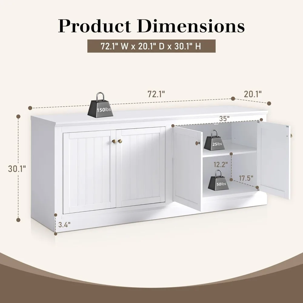 "خزانة بوفيه على طراز المزرعة مقاس 72 بوصة مع أبواب الحظيرة وطاولة وحدة تخزين رف قابلة للتعديل وبار القهوة وحامل التلفاز"