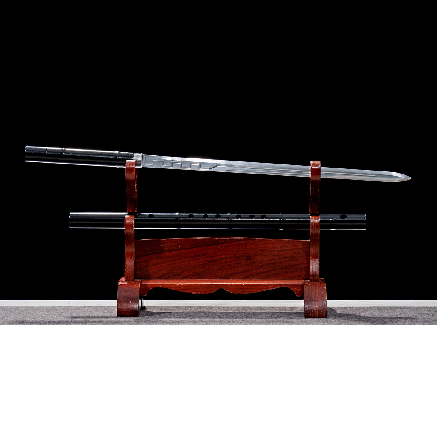 Ink Bamboo Flute Hidden Stick Sword Manganese Steel Multi-Groove Blade Black Flute Scabbard Free Sword Stand Decor Collection