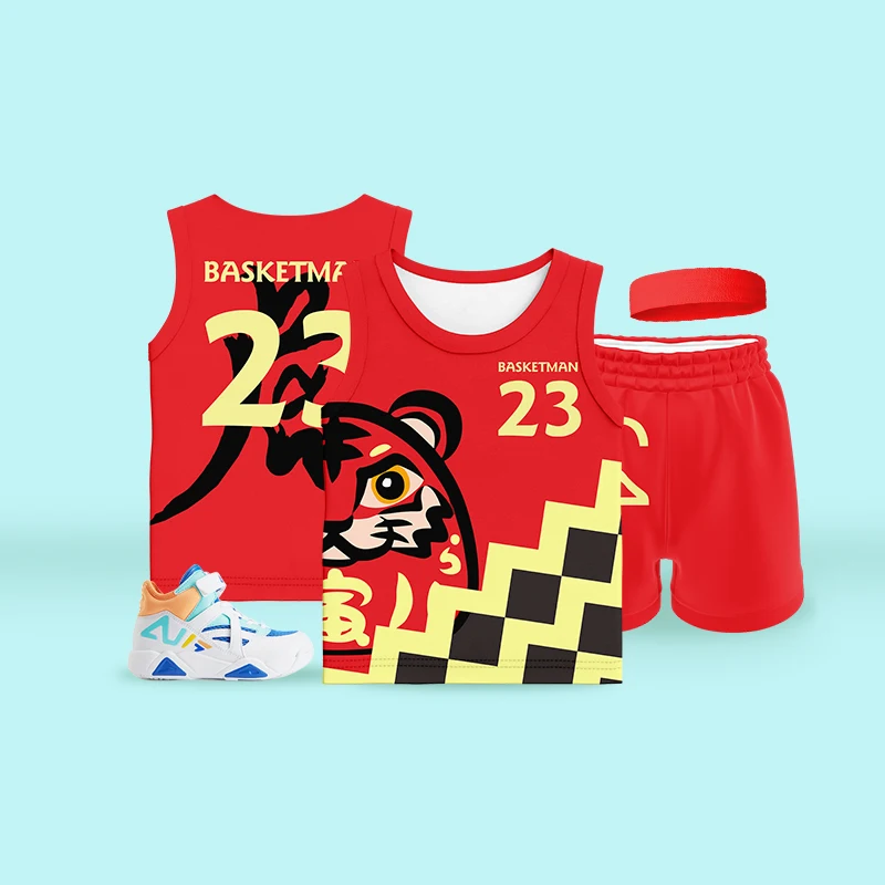 

Basketball Sets For Kids Boys Girls Full Sublimation Customizable Name Number Cute Animal Tiger Printed Jerseys School Unifroms