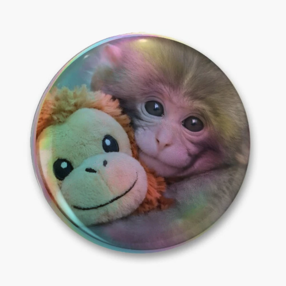 Baby Monkey Punch and his toy friend Pin Holographic Star Heart Pin Brooches Laminated Button Fashion Accessory