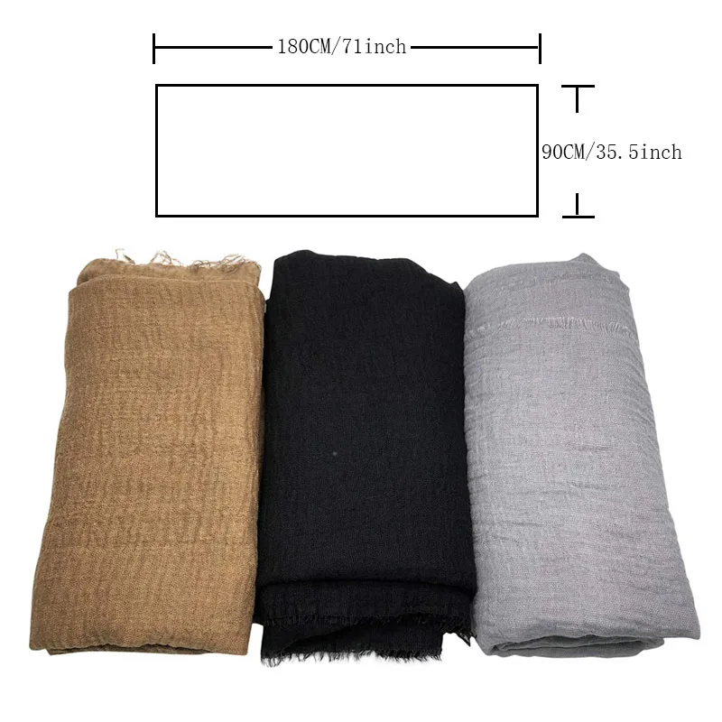 3pcs/set Cotton Linen Simple Women Scarves hijab Pressed Wrinkle Solid Color Thin Breathable Casual Sunscreen Shawls