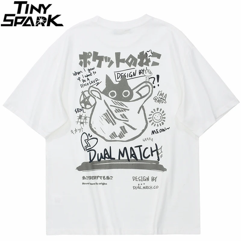 الهيب هوب تي شيرت الرجال الشارع الشهير اليابانية كانجي مضحك القط مطبوعة تي شيرت 2025 الرجال Harajuku القطن عادية كم قصير التي شيرت بلايز #3