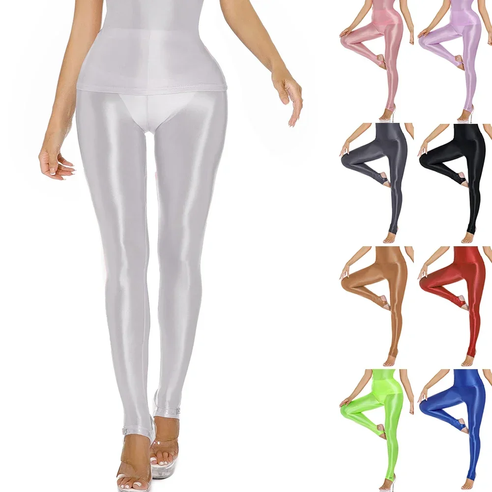 

Womens Shiny Glossy Leggings Sexy Comfortable Yoga Pants High Waist Stretchy Workout Body-Building Leggings Lady Solid Color