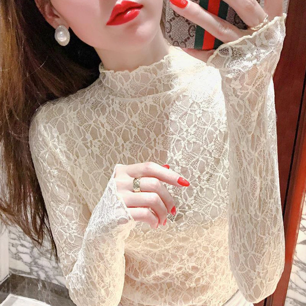 Ladies Elastic Flower Lace T Shirt Women Stretch See Through Shirt Black White Apricot Color Blouses O Neck Long Sleeve S-XL Top