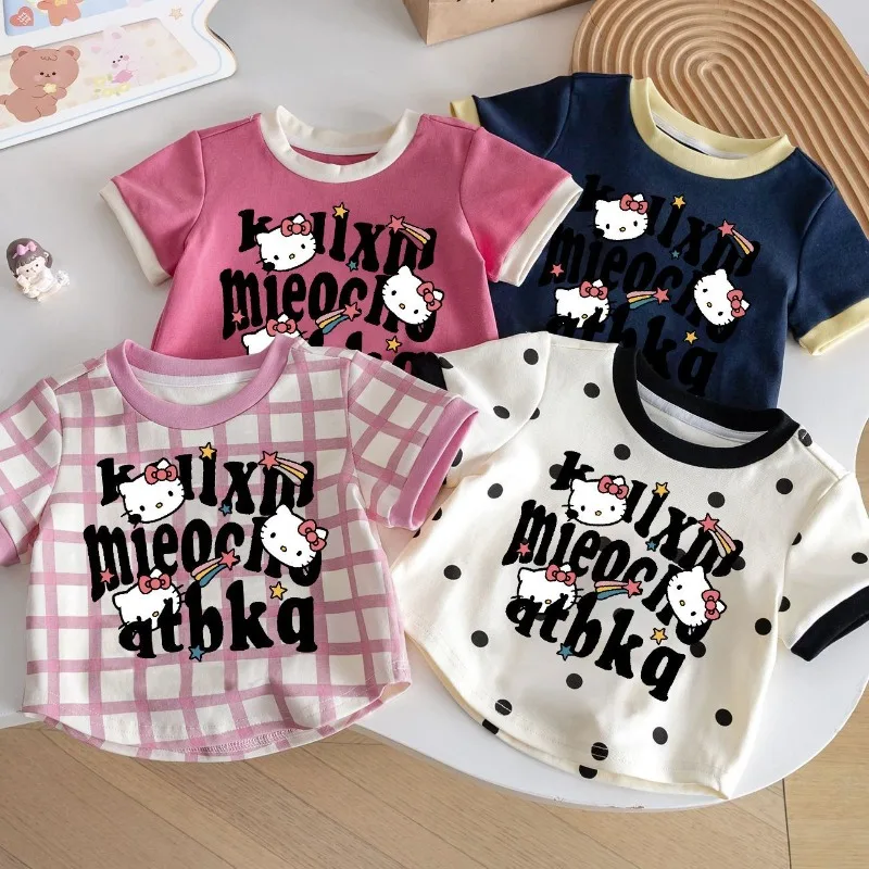 

2025 Summer Hello Kitty Anime Kawaii Sanrio Ins Fashion Casual Short Sleeve Shirt Cute Cartoon Printed Hoodie Clothes Gifts