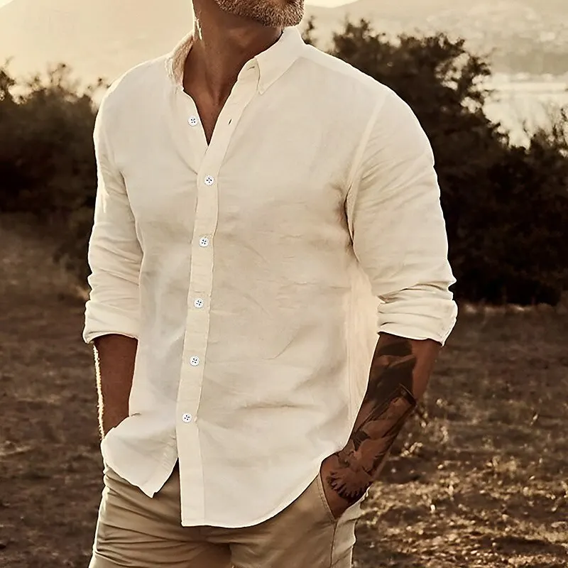 2024 solid color button down shirt linen shirt simple comfortable breathable soft blue white street t-shirt European size