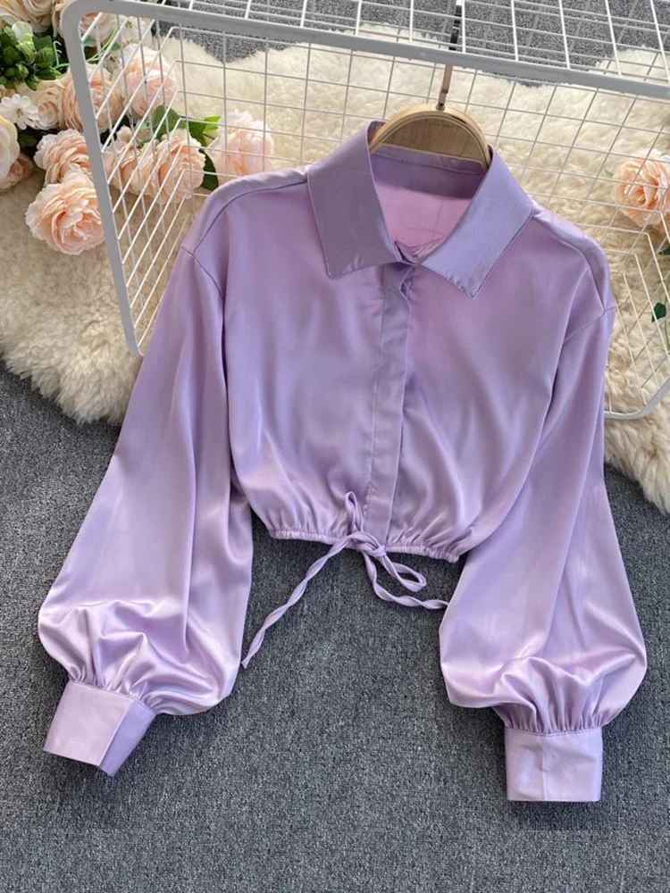 New Temperament Fashion Women's Satin Shirt Bow Tie Lace Lapel D Lantern Sleeve Slim Short Top UK798