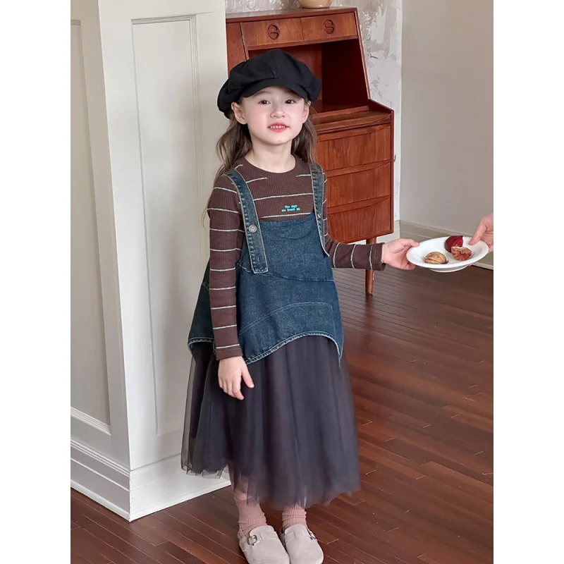 Aimo Beibei Children's Fake Two-Piece Princess Dress Trendy Medium and Large Little Girl Western Style Denim Stitching Suspender