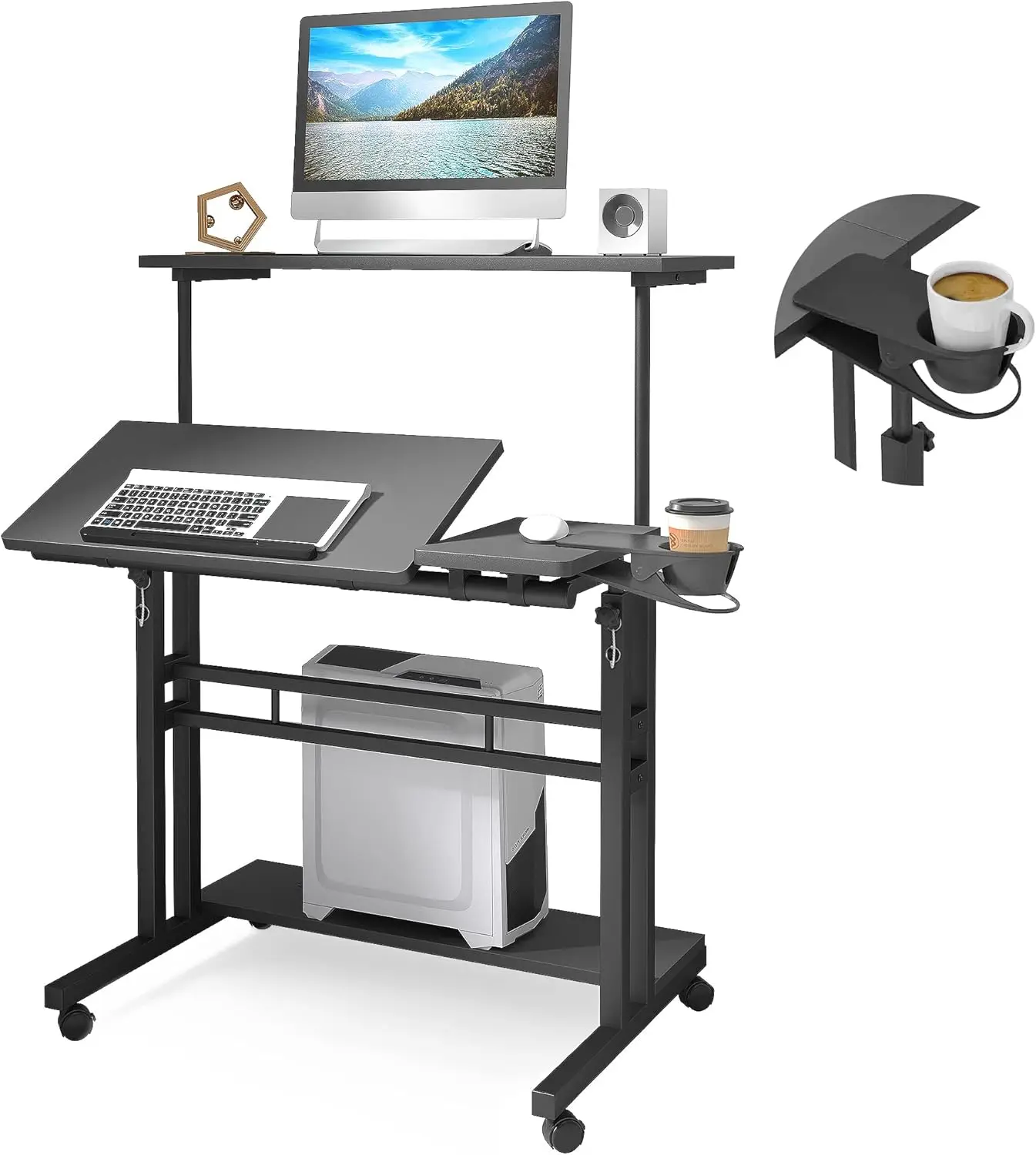

Mobile Standing Desk, Adjustable Rolling Computer Desk with 3 Desktops, Portable Laptop Table with Cup Holder, Home Office Workstation on Lockable Wheels, Black