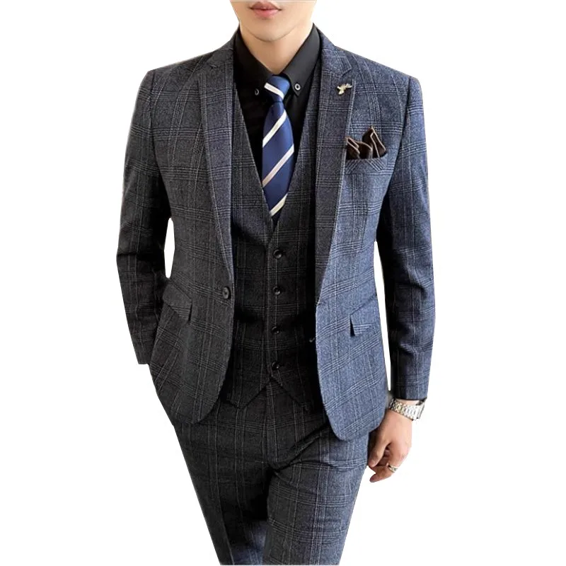 

2023 New Men Boutique Business Social Wedding Suit 3 Piece Set Fashion Single Breasted Plaid Blazers Jacket Vest Pants