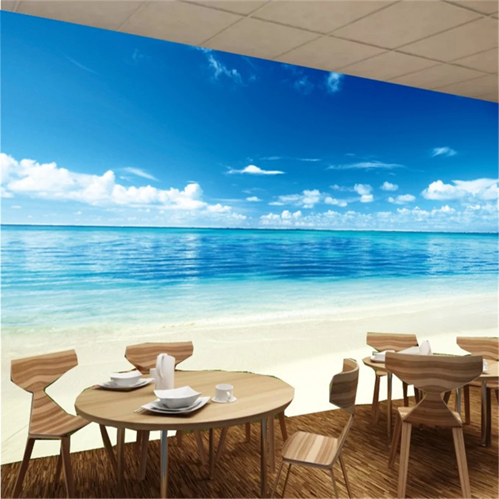 

Blue sky seascape scenery TV background wallpaper hotel restaurant living room 3D mural sea beach wallpaper