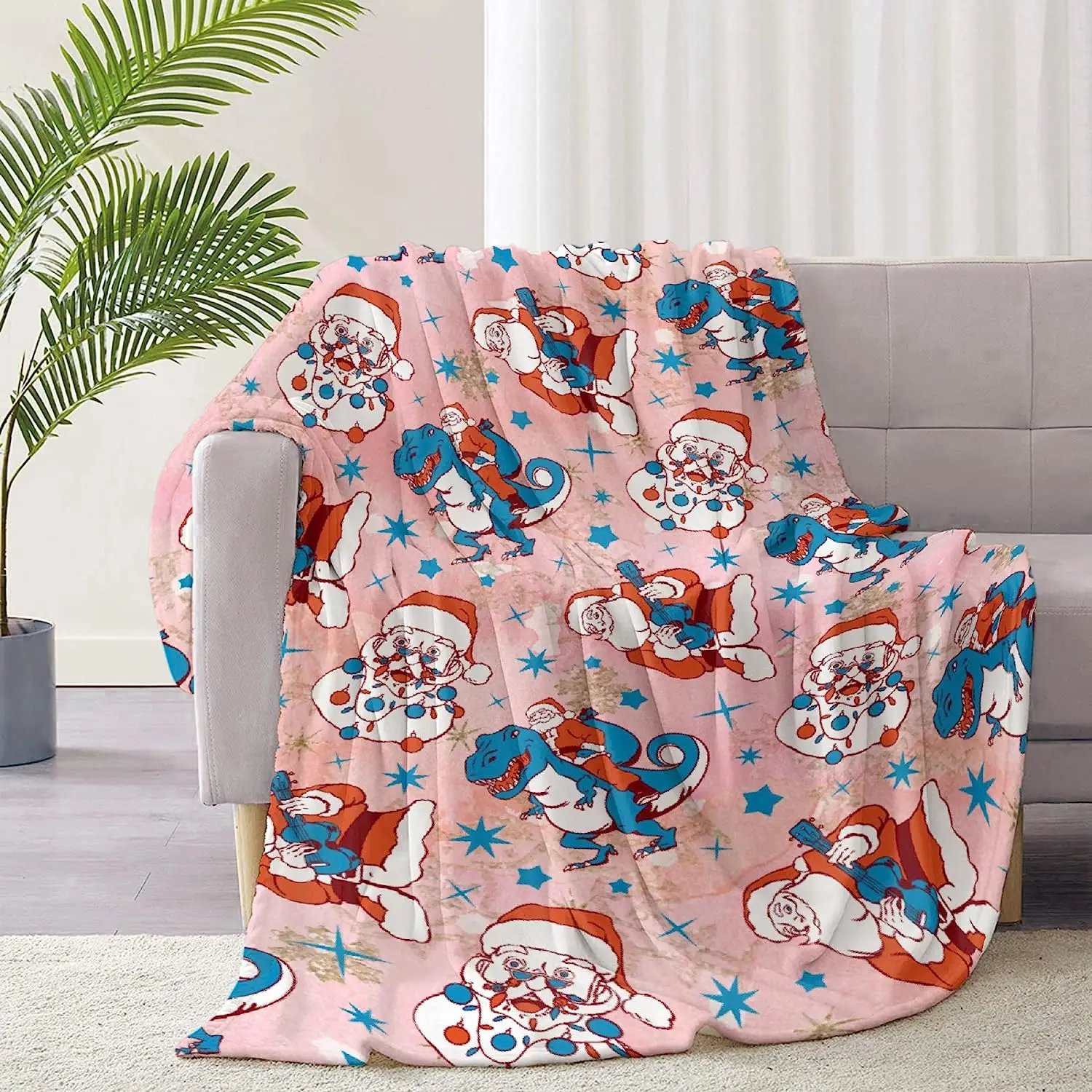 Funny Christmas Santa Claus Dinosaur Pink Blanket Print Soft Lightweight Warm Cozy Plush for Bedroom Bedding Couch