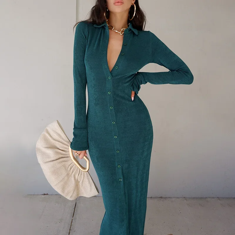

2024 Fashion Women's Autumn Texture High-waist Knitted Long-sleeved Split Lapel Dress Slim Temperament Female One-step Skirt