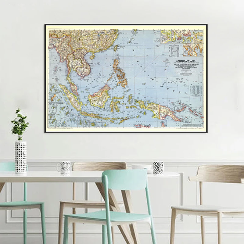 Mapa Horizontal del mundo del sudeste asiático, póster detallado del mundo, carta de pared, papel Kraft, decoración del hogar y la Oficina, 90x60cm, 1944