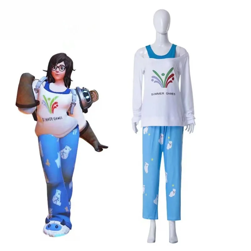 Overwatch Mei Cosplay Kostüm Sommer-Spielanzug Set Weißes Oberteil & Blaue Hose für Frauen Anime-Spiel Rollenspiel-Outfit Cos Kostüme