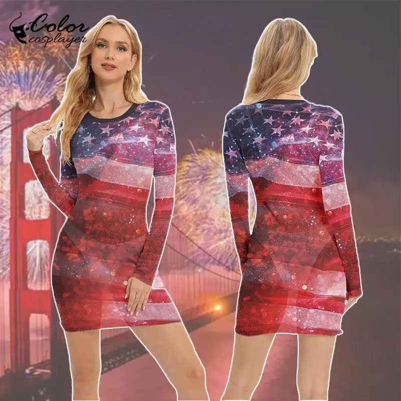 Colore Cosplayer Independence Day Mini Dress Women Mesh visibile Dress Up Carnival Party Flag Pattern 3D Printing Costume Cosplay