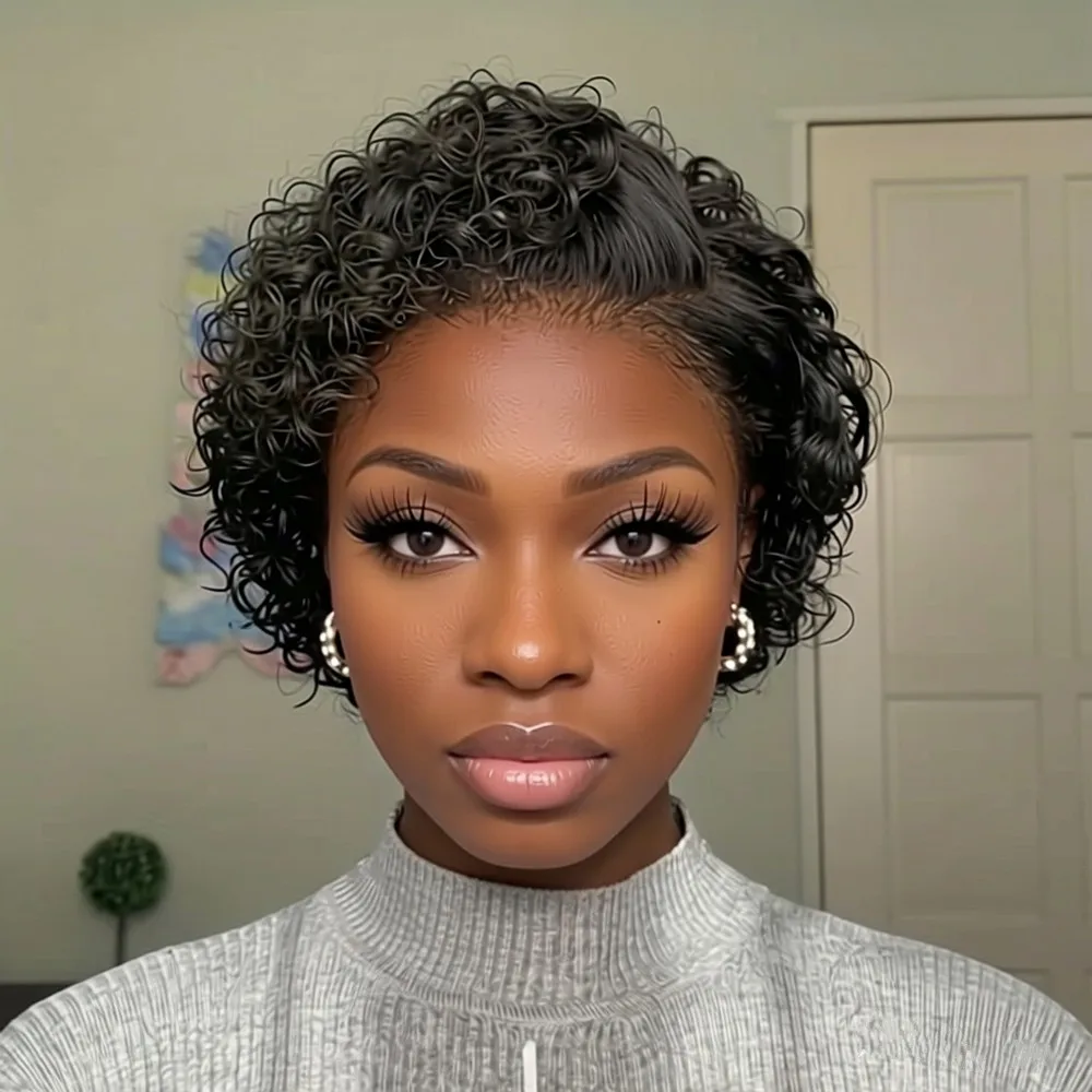 

pixie wig 13x1 T part lace pixie cut wig short curly layered human hair wig black color for women daily party use wig