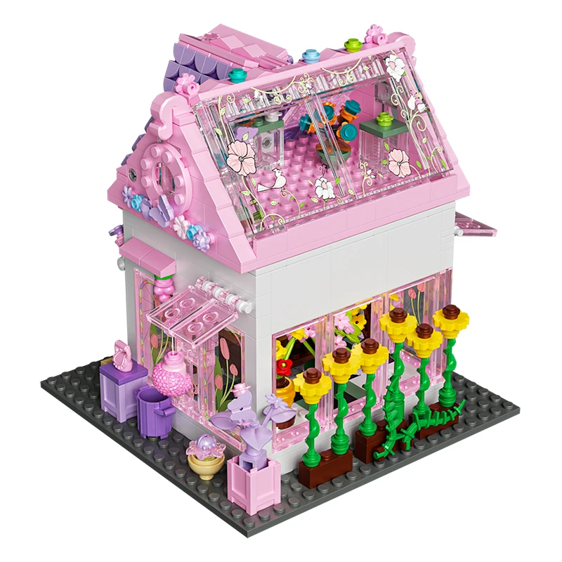 MOC Romantic Pink Flower Cottage Building Blocks Set European House Hut Architecture DIY Toys For Children Birthday Holiday Gift