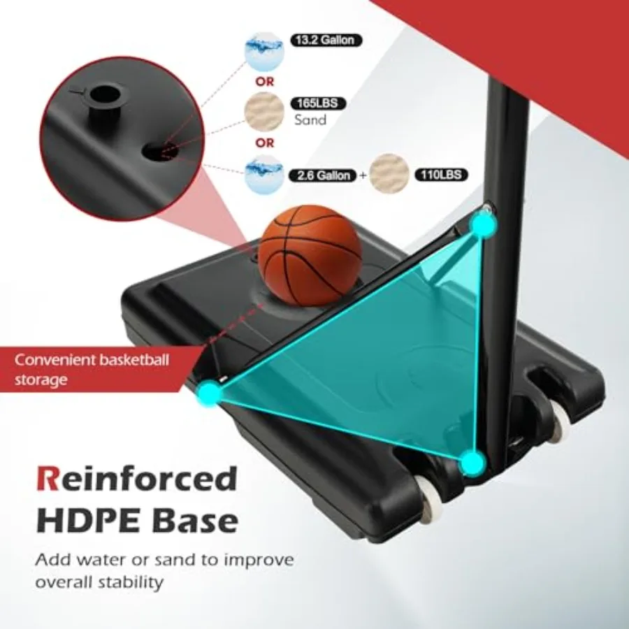 Outdoor Basketball Hoop with Height Adjustable Feature from 4.25 to 10 Feet Portable Design with 44-Inch Shatterproof Backboard
